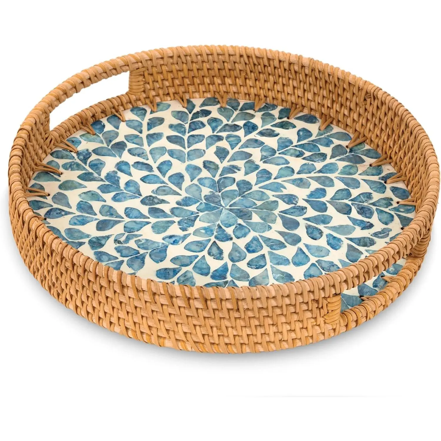 Handmade Large Bohemian Round Rattan Serving Tray with Handles - BPA-Free Artisan Crafted-Style Stylish Elegant Plates, Mother of Pearl Inlay Wooden Base, Decorative Wicker Kitchen & Tableware Holder
