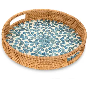 Stylish Large Handmade Bohemian Round Rattan Serving Tray with Handles, Mother of Pearl Inlay Wooden Base, Wicker Basket for Kitchen & Tableware Plates Decor,summervibes