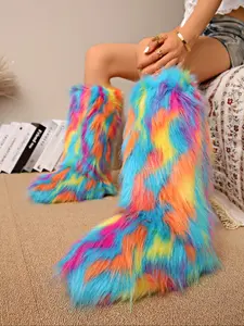 Rainbow Color Plush Mid-Calf Boots for Women, New Style Street Fashion Thick Sole Imitation Fur Boots, Trendy Stage Performance Boots, Winter Warm Boots