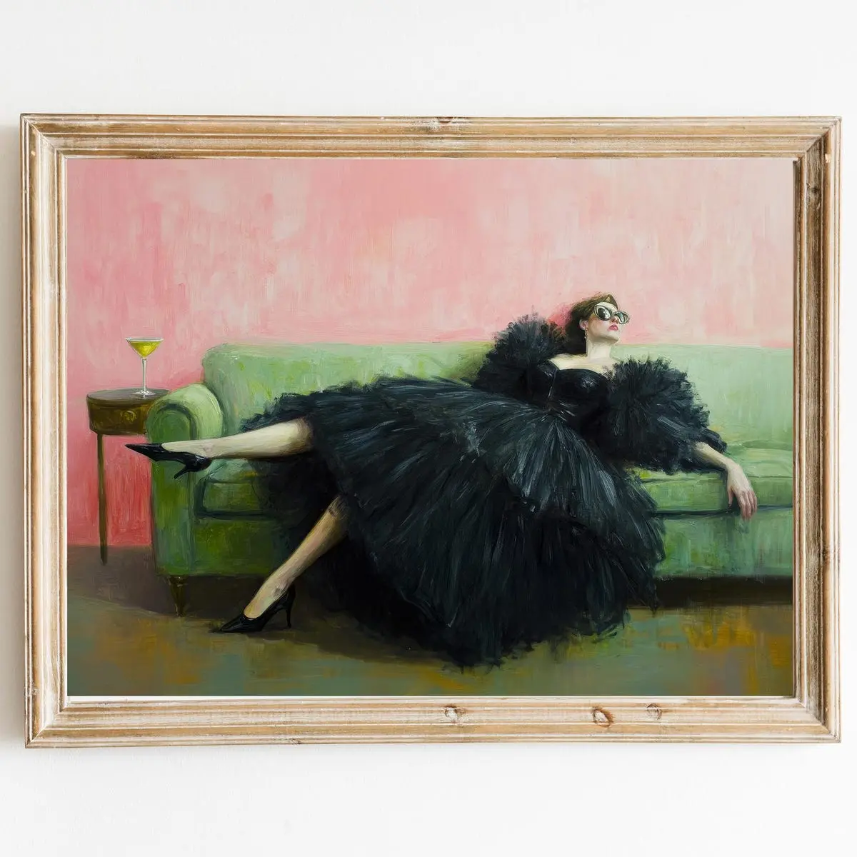 Woman on Couch with Chartreuse Martini Art Print, Trendy Home Wall Art Print Gift, Bar Cart Decor, Cocktail Art, Cute Quirky Whimsical, 5 Size, 8x12 to 27x40 inch, Room Decor, Unframed