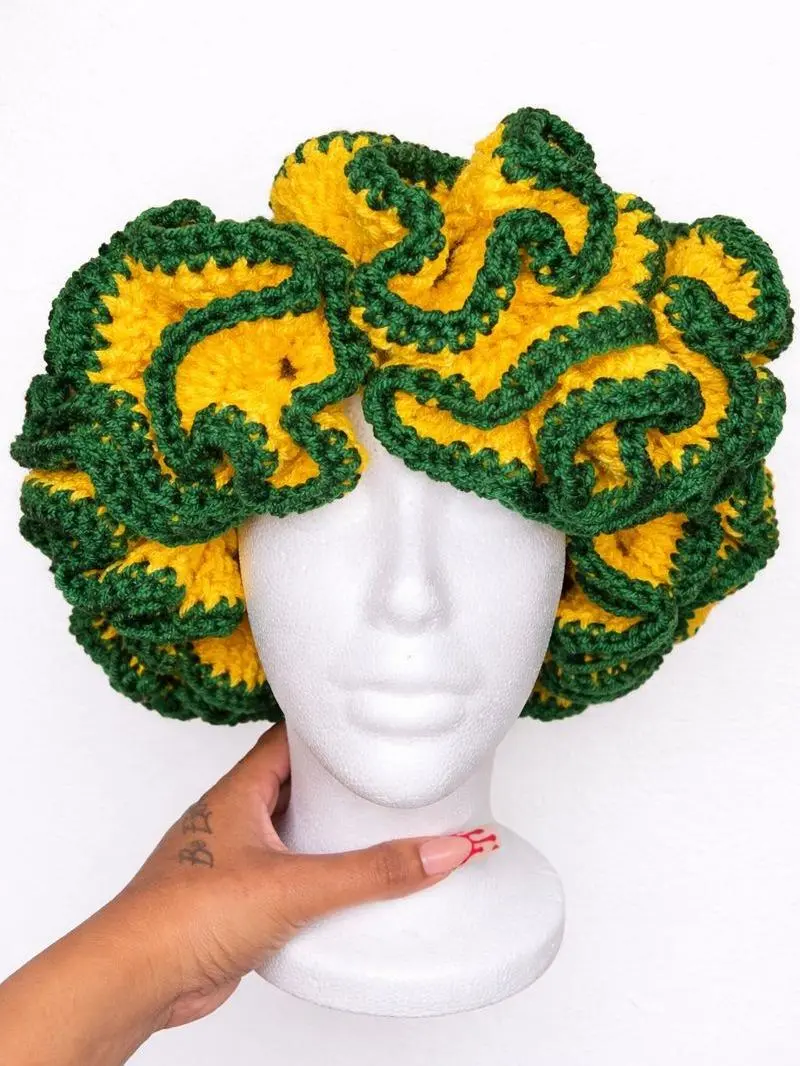 Handmade Sunflower Ruffle Crochet Hat with Green Border Brown Gold & Forest Green Bold Floral Inspired Statement Piece for Fall