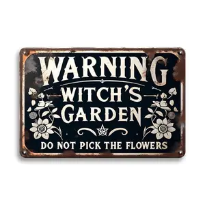 Vintage Aluminum Witch Garden Warning Sign for Outdoor Halloween Decor and Spooky Yard Display