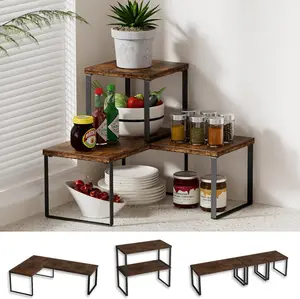 Golener Countertop Organizer Corner Shelf, 2 Tier Adjustable Stackable Corner Shelves for Kitchen, Bathroom, Spice Rack, Coffee Area, Cabinet, Dresser Table, Corner Counter Shelf Stand, Rustic Brown