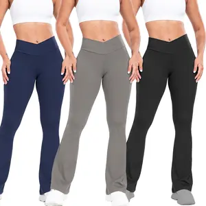High-Waisted Flare Leg Pants for Women Soft Mid-Elasticity Polyester Fabric Solid Color Cross Detail Comfortable for Spring Summer and Fall Seasons Knit Casual Street Trousers
