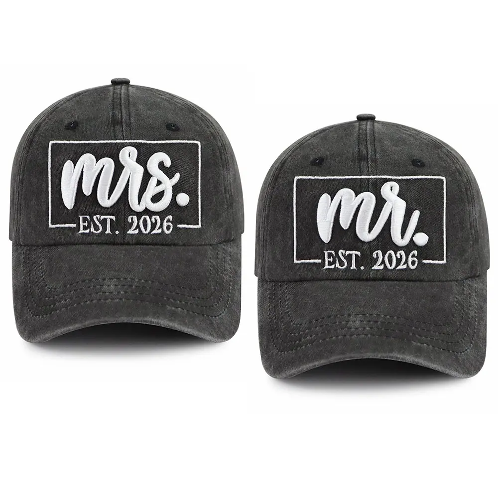 2-Pack Mr and Mrs Est 2026 Baseball Caps, Embroidered Cotton Bridal Accessories for Couples, Adjustable Hat Set for Engagement & Anniversary Gift, 6 Ventilation Holes, Unisex Names, Birthday, Wedding Gift Ideas, Lettering