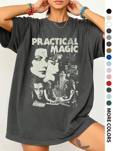 Women's Practical Magic Letter Print Round Neck T-Shirt, Fit Vintage Casual Fashion Short Sleeve Tee for Daily Wear, 90s Style Summer Top, Streetwear, Womenswear