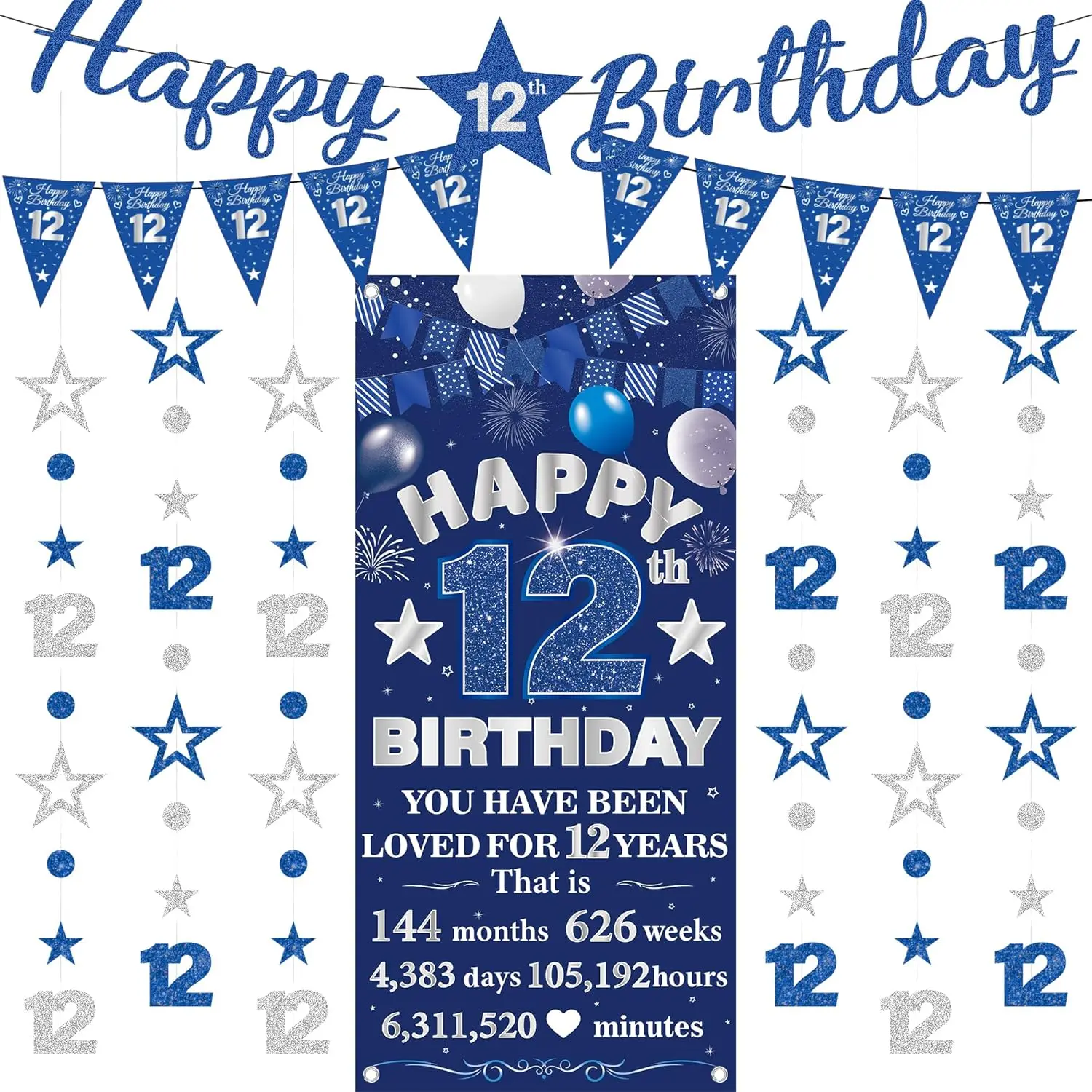 12 Year Old Birthday Decorations - 9 Pcs Boy Blue Silver Happy 12th Bday Backdrop Banner Triangle Flag Glitter Number 12 Star Dots Hanging Garland Party Supplies for Twelve Year Old Pre Teen Decor