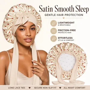 Women's Satin Lace Sleep Cap with Cherry Pattern, Ideal for Casual Home Wear, Sleeping, and Hair Care