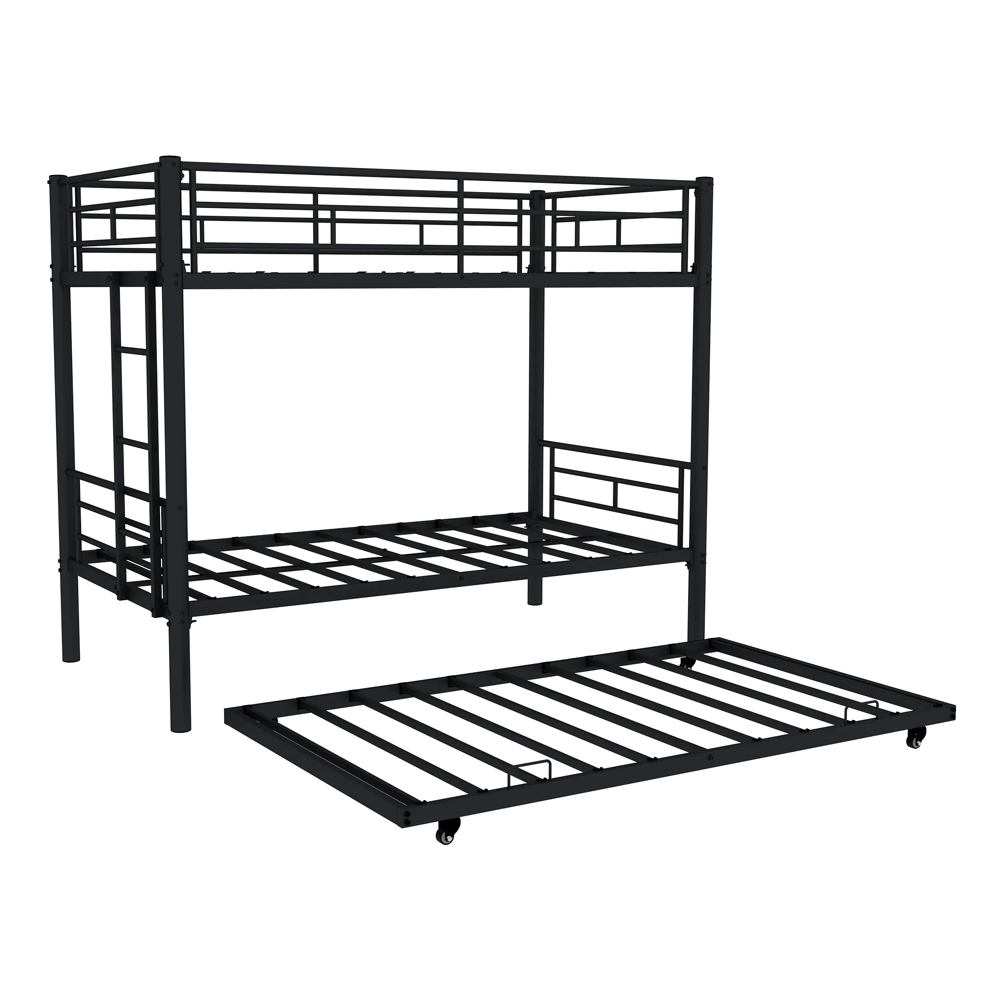 Heavy-Duty Metal Triple Bunk Bed with Trundle, Convertible 3-Person Bunk Bed Frame with Safety Guardrails & Wide Ladder, Noise-Reduced Design, No Box Spring Needed, Black or White