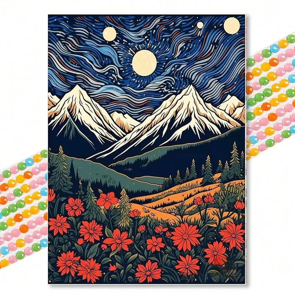 Van Gogh Starry Night Mountain Landscape 5D Diamond Painting Kit, Round Drill Art Decor Wall Art Painting DIY Stress Relief Gift for Home Bedroom