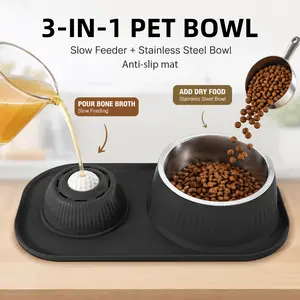 3-in-1 Slow Feeder Dog Bowls, Dog Food and Water Bowl Set, 1.9L Stainless Steel Bowl with Non-Spill Silicone Mat, Cat and Puppy Bowls for Small Medium Large Breed Anti-Choking