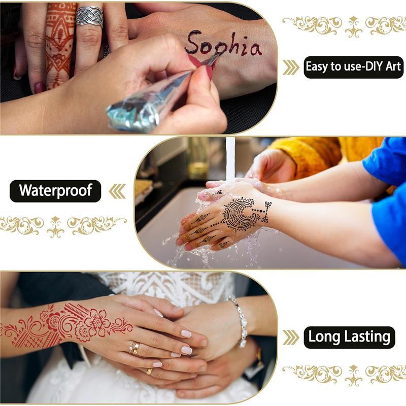 Temporary Stencils Tattoos Kit, 4 Pcs Tattoo Cones 3 Color (2 Black 1 Maroon 1 Cherry Red) with Gloves Brush Tool,DIY Body Art Skin Painting Designs for Women Men Kids Party Gifts, Organic Mehandi Temporary Tattoo&Hair Color,hair dye kit,color,shiny hair
