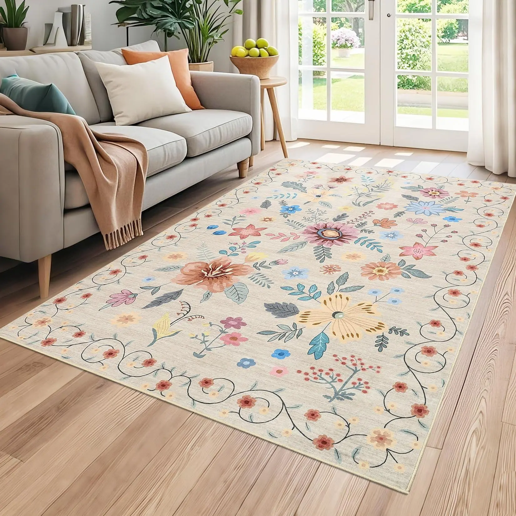 6x9 Kitchen Runner Floral Rug Runners for Hallway Bedroom,Soft Ultra-Thin Indoor Low Pile Flower Carpet with Non Slip Backing,Beige