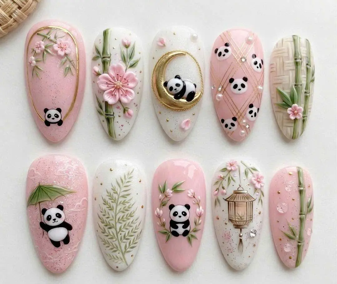 Handmade Kawaii Press-On Nails, Cute Panda-Cherry Blossom-Bamboo Japanese Acrylic Set, Spring Reusable Nail Art Decoration