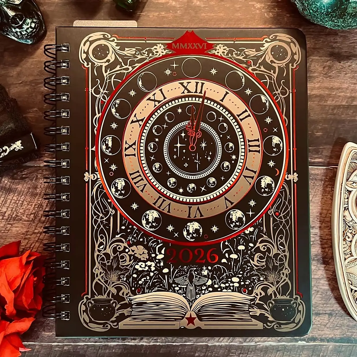 2026 Magic Book Clock Moon Phase Weekly Spiral Bound Planner, Gothic Vintage Notebook, Mystery Enthusiast Daily Log, Christmas Gift