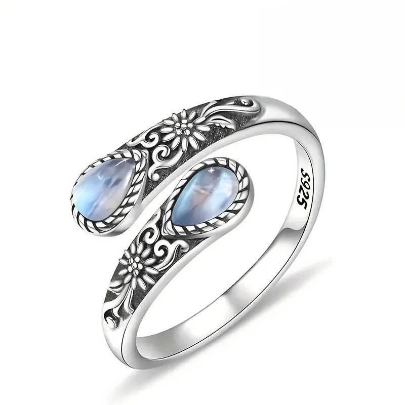 Vintage Boho Butterfly Thumb Ring Adjustable Silver Plated Moonstone Ring Victorian Style Gift Boxed for Women Daily Wear Bohemian Jewelry