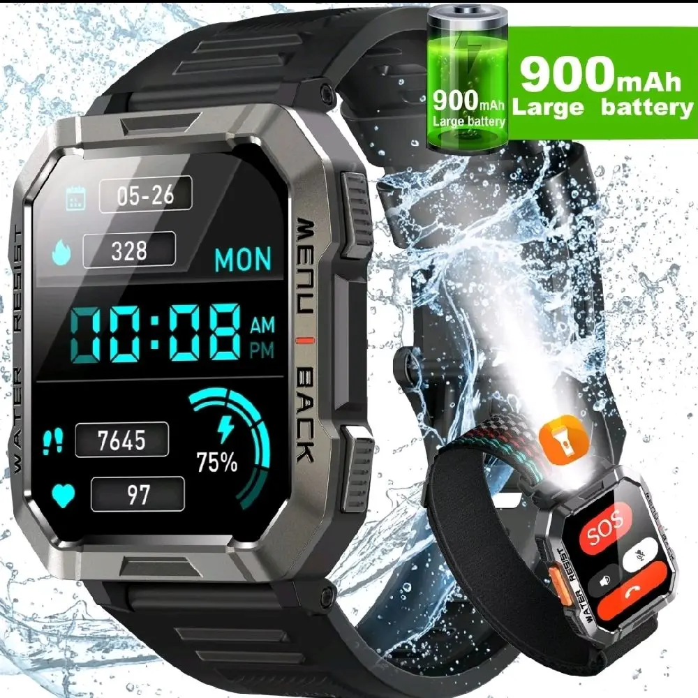 Military Smart Watch for Men - Rugged Tactical Fitness Tracker with Large Battery, 900mAh, Digital Display, and Backlight Features - Smartphone, Wearable