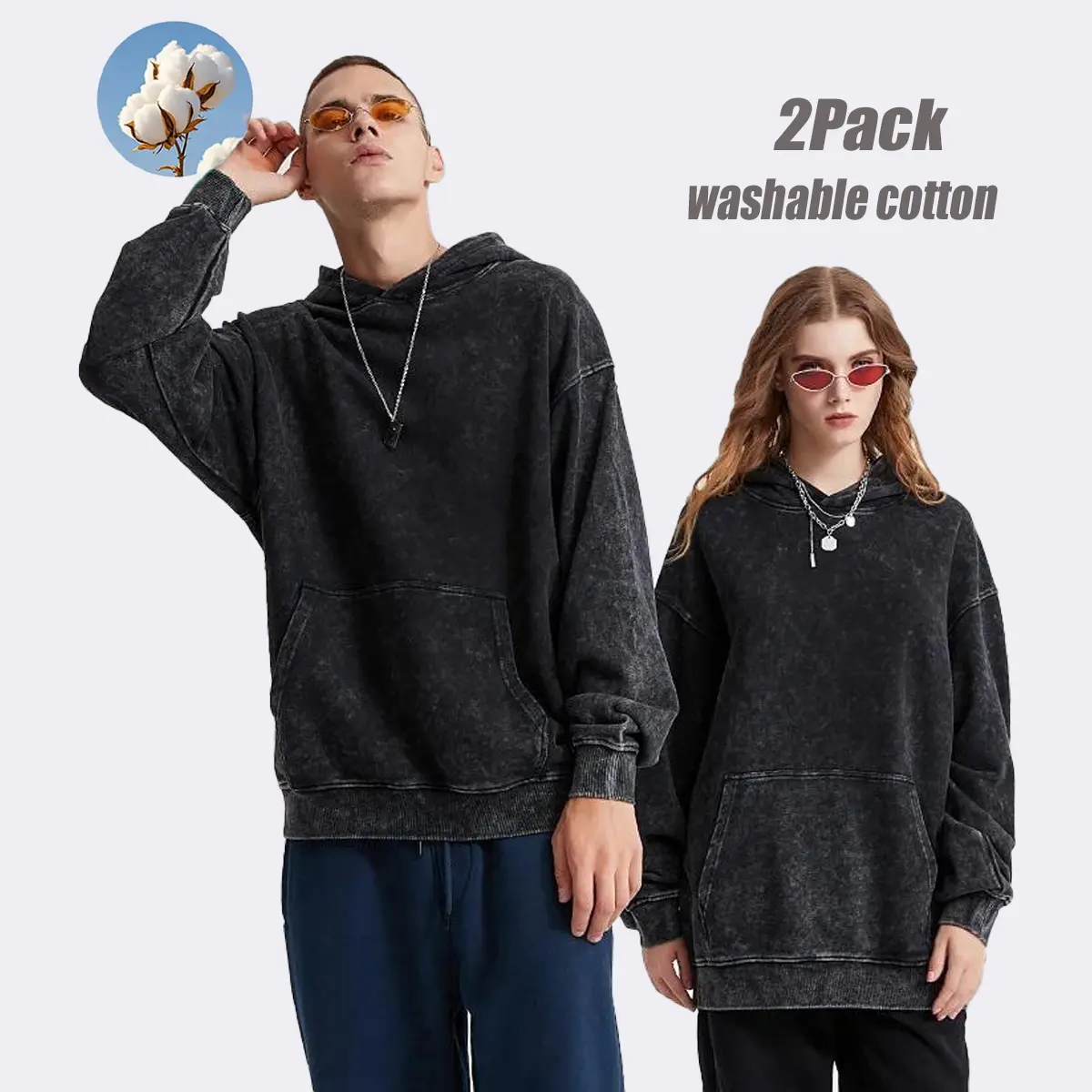 2 Pack Acid Wash Hoodie Oversized Vintage Hoodie Unisex Heavy Weight Hoodie Distress Hoodies for Men Women Couples Fit Casual