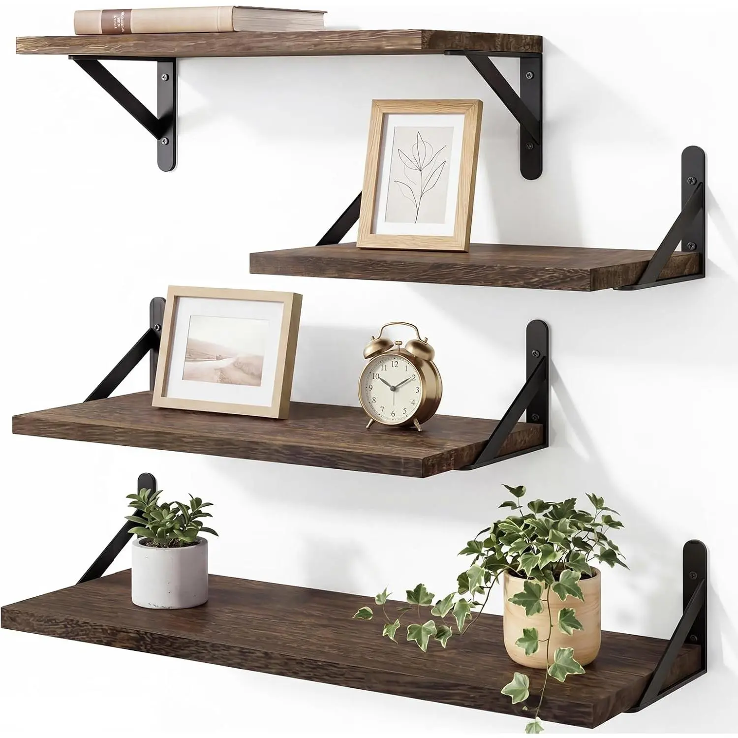 Dark Carbonized Brown Wooden Floating Wall Shelves (Set of 4, Different Sizes) - Wall Storage, Room Decor for Living Room, Bathroom