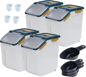 Large Flour Storage Container Bin 25lb,4 Pack Airtight Rice Storage Containers with Wheels Seal Locking Lid  with Measuring Cup,Scoop for Flour, Rice, Grain, Dry  - Dark Blue