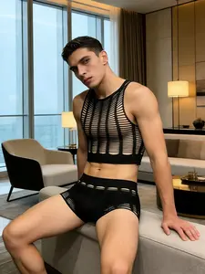 Men's Erotic Sleepwear Set, Loungewear, Sexy Fishnet Knit Elastic Stretchy Clothing, Hollow Out Transparent Temptation, Adult Costume