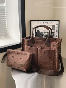 Women's Bowknot Pattern Tote Bag & Wristlets Bag Set, Fashionable Large Capacity Shoulder Bag Set, Casual Trendy Versatile High-quality Daily Commuting Bag Set