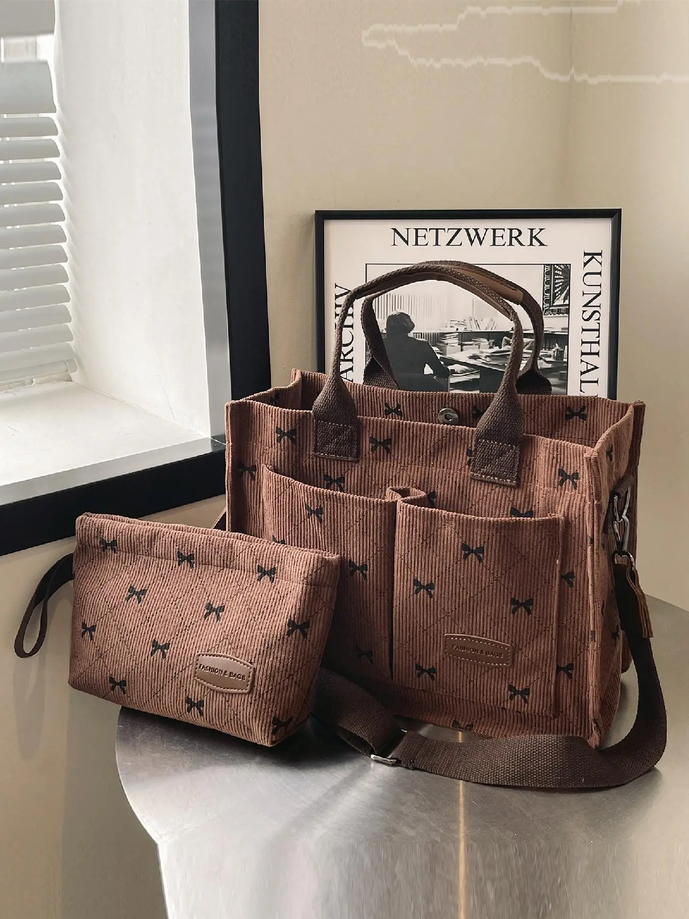 Women's Bowknot Pattern Tote Bag & Wristlets Bag Set, Fashionable Large Capacity Shoulder Bag Set, Casual Trendy Versatile High-quality Daily Commutin