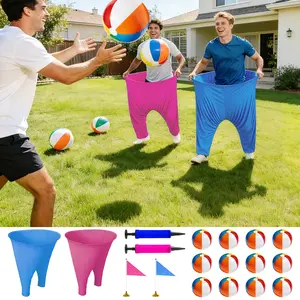 【Happy Aplenty】18 PCS Granny Pants Yard Game Set, Oversized Blue & Pink Pants with 12 Bouncy Balls, 2 Pumps & 2 Flags, Outdoor Tossing Games for Adults Family Birthday Backyard Party Team-Building Gatherings