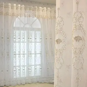 2026 French White Sheer Curtains With Gold Floral Embroidery & Lace Valance Rod Pocket Light Filtering For Girls' Bedroom, Nursery & Guest Room Decor
