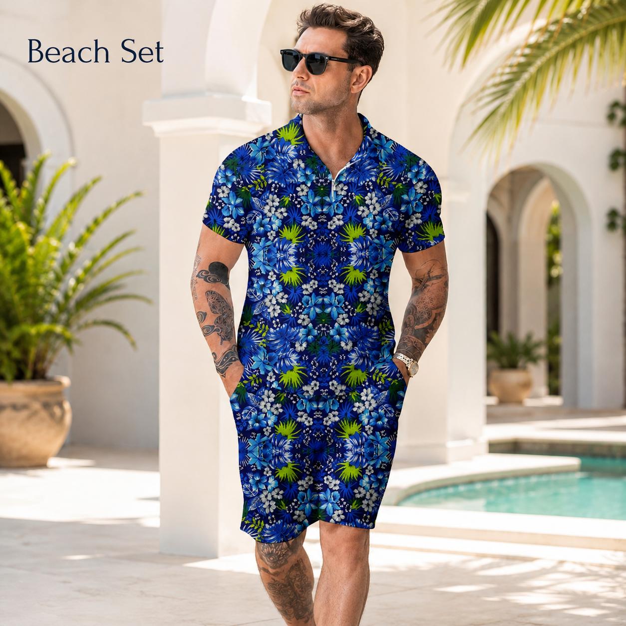 Men’s Hawaiian Floral 2-Piece Beach Set - Short Sleeves Zip Collar Shirt, Matching Shorts, Quick-Dry Poly, Standard Sizing M-3XL Blue Floral Print for Vacation Resort Cruise Summer