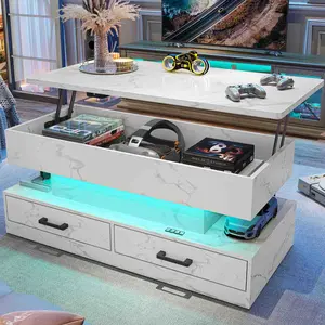 40 Inches Lift Top Coffee Table with 2 Drawers and LED Lights White Marble