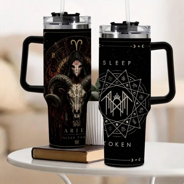 40oz Portable Insulated Stainless Steel Water Bottle - Viral Rock Ram Tumbler, Aries Zodiac-Music Rock & Roll Collab, with Handle and Straw (Home Supplies Storage Bottle)