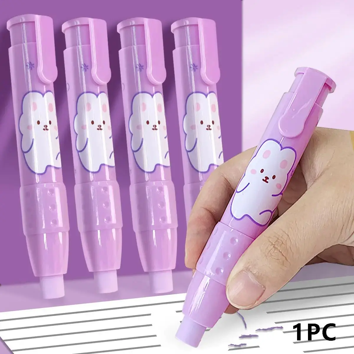 1 Count Pencil Shaped Eraser, Creative Retractable Random Color Cartoon Eraser Pen with 2 Counts Replacement, Stationery Supplies