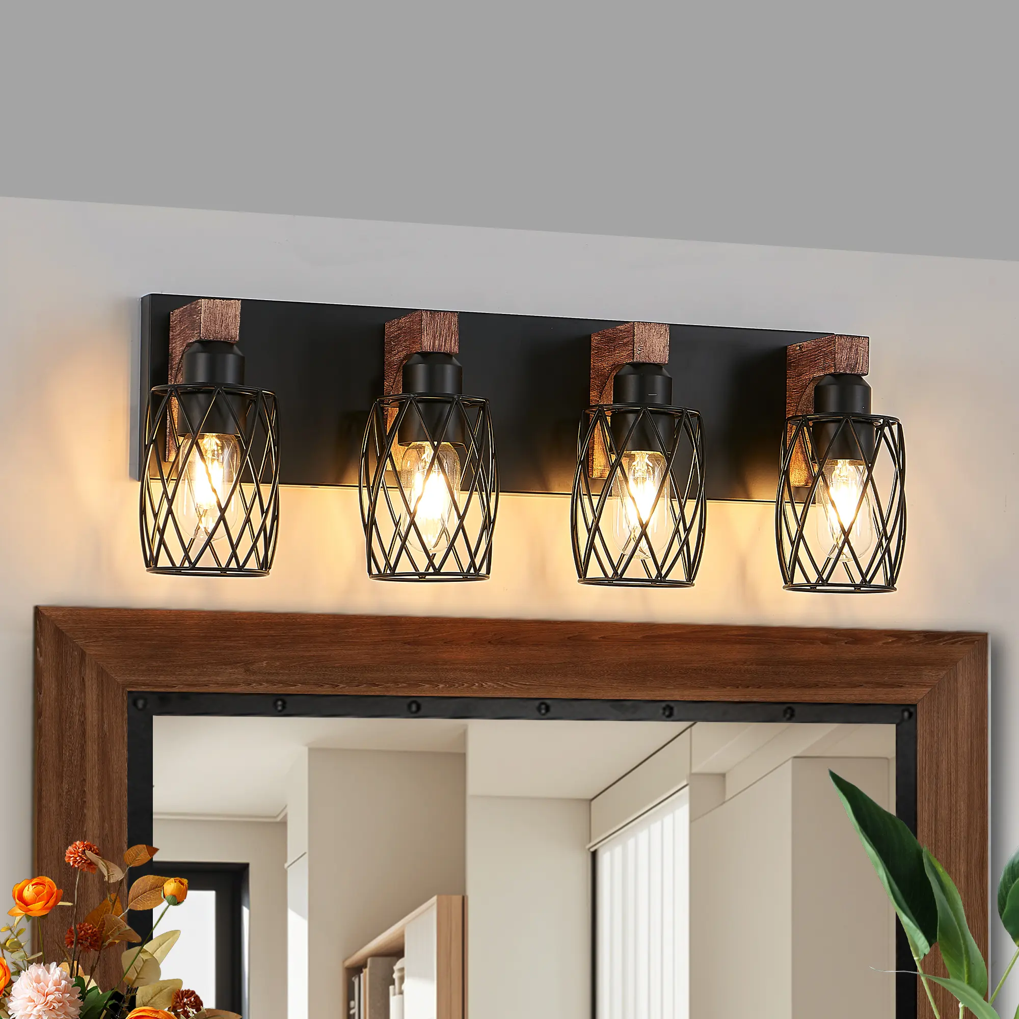 Farmhouse Wall Sconce, 7.6 Inch Glass Shade Iron Wall Lamp, E26 Base Dimmable Hallway Light Fixture for Bedroom Living Room Bathroom, Hand-Painted Vintage Style Indoor Wall Mount Lighting, US Standard Bracket Included
