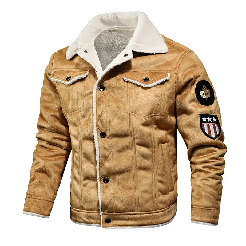 Fashionable men's brown faux shearling trucker jacket - vintage motorcycle style with faux shearling lining and multiple pockets, suitable for daily casual, motorcycle riding and street wear