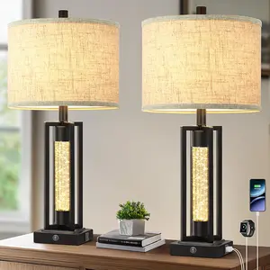 26'' Farmhouse Table Lamps for Living Room with Crystal Night Light Set of 2, Modern Nightstand Lamps with 2 USB Ports, Vintage Home Decor Black Bedside Lamps with Linen Shade for Bedroom