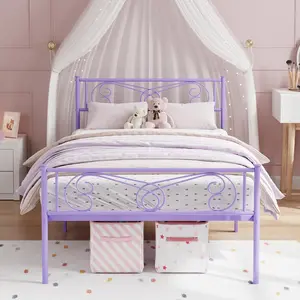 Twin Size Purple Metal Platform Bed Frame with Headboard and Footboard for Kids, Heavy-Duty Bed Slats Support, Noise-Free, No Box Spring Needed, Heavy-Duty Support
