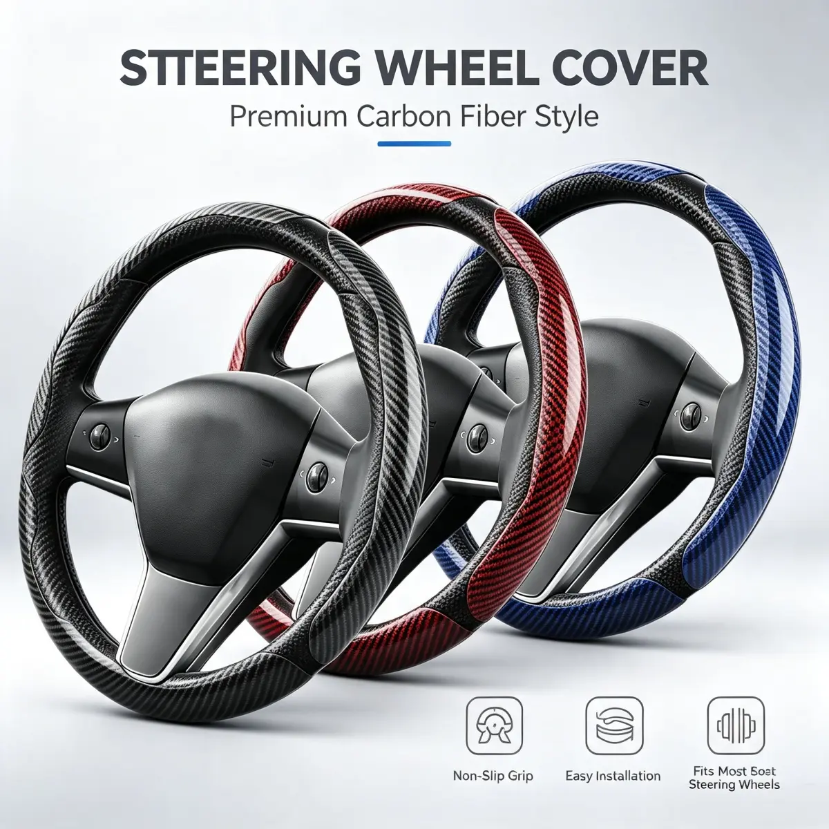 3 Piece Carbon Fiber Car Steering Wheel Cover Set Non-Slip, Multiple Color Options,Universal for Most Car Auto Interiors Accessories 15" Diameter 37-38 cm, For BMW Chevrolet Ford Honda Jeep Nissan Toyota Mercedes-Benz Hyundai Volkswagen Tesla Subaru Acura