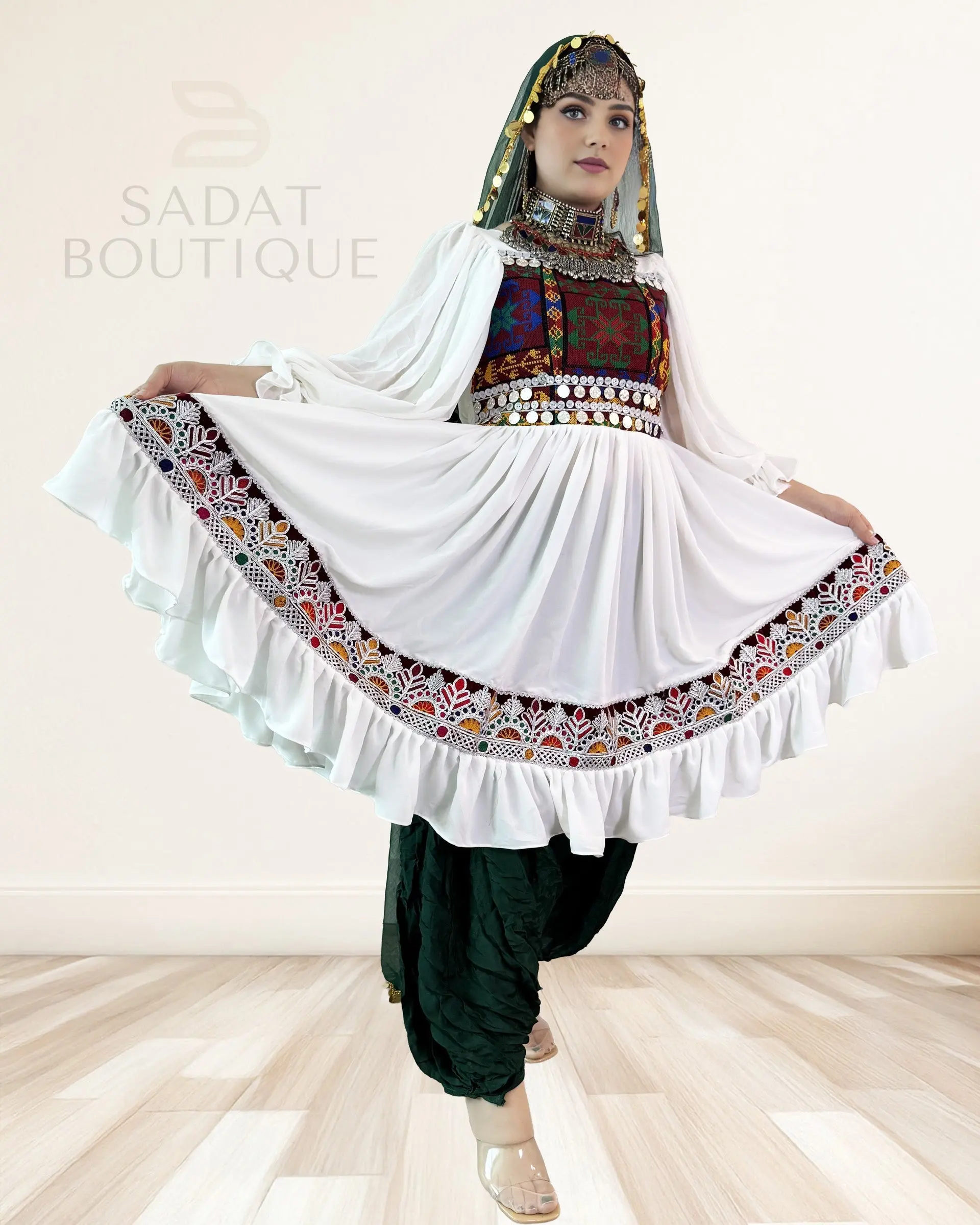White Kuchi Embroidered Flared Kurti with Patiala Salwar & Mirror-Coin Dupatta – 3-Piece