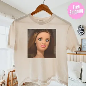 Funny Doll Face Crop Tee Sarcastic Humor Graphic Shirt Vintage Pigment Dyed Cotton Top
