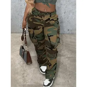 Women's Casual Camouflage Print Straight Leg Cargo Pants Fit Womenswear Green Army Bottom Polyester