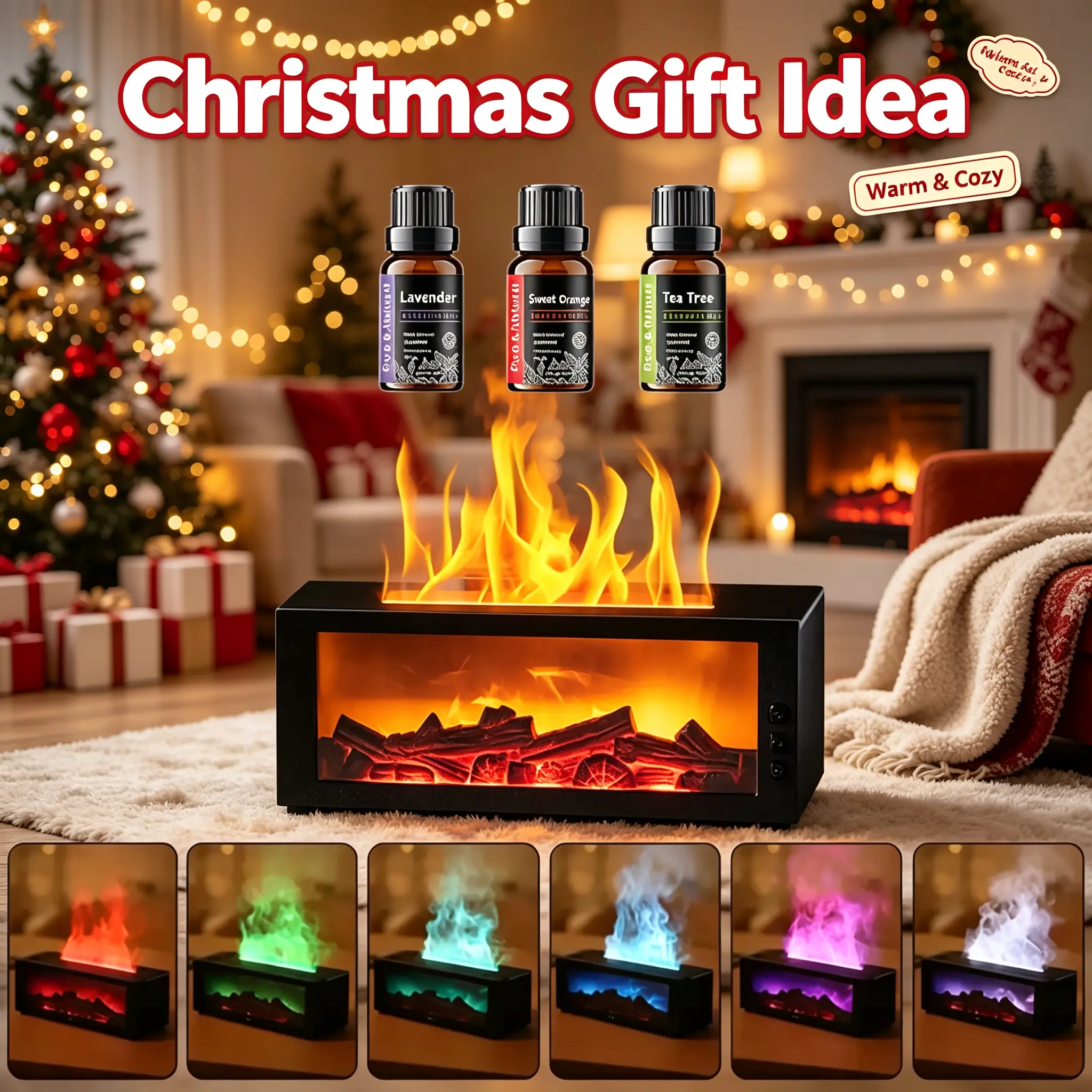 300ml Simulated Fireplace Aroma Diffuser, Ultrasonic Cool Mist Humidifier with 7-Color Ambient Light, Remote Control 1/3/5H Timer, Quiet Auto Shut-Off, Perfect Christmas Gift for Parents & Family, Bedroom Office Desktop Home Decor
