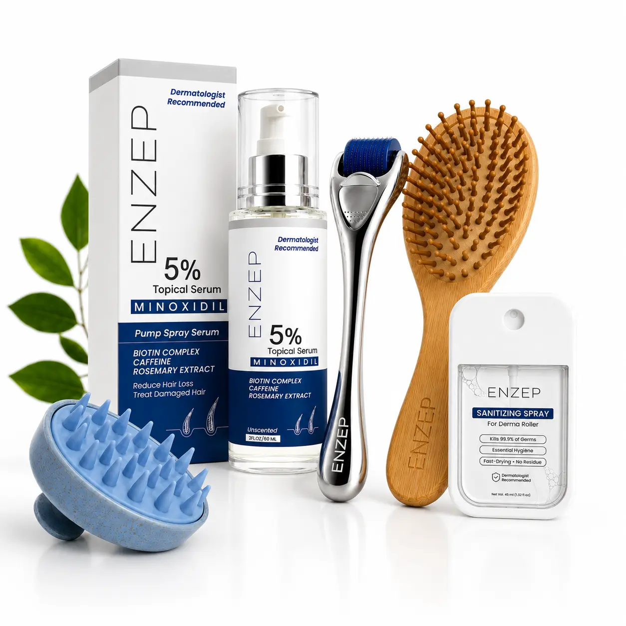 ENZEP Minoxidil 5% Hair Growth Kit for Men & Women – 60ml Topical Serum with Derma Roller, Scalp Massager, Anti-Breakage Bamboo Comb & Sanitizing Spray,  Haircare,  Hairline