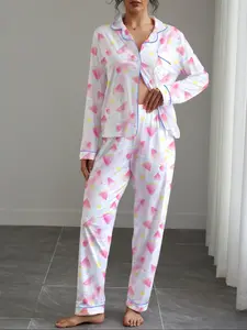 Women's Fall Winter Home Set, Watermelon Print Party Sleepwear, Button Front Long Sleeve Top and Elastic Pants, Soft Stretch Fabric