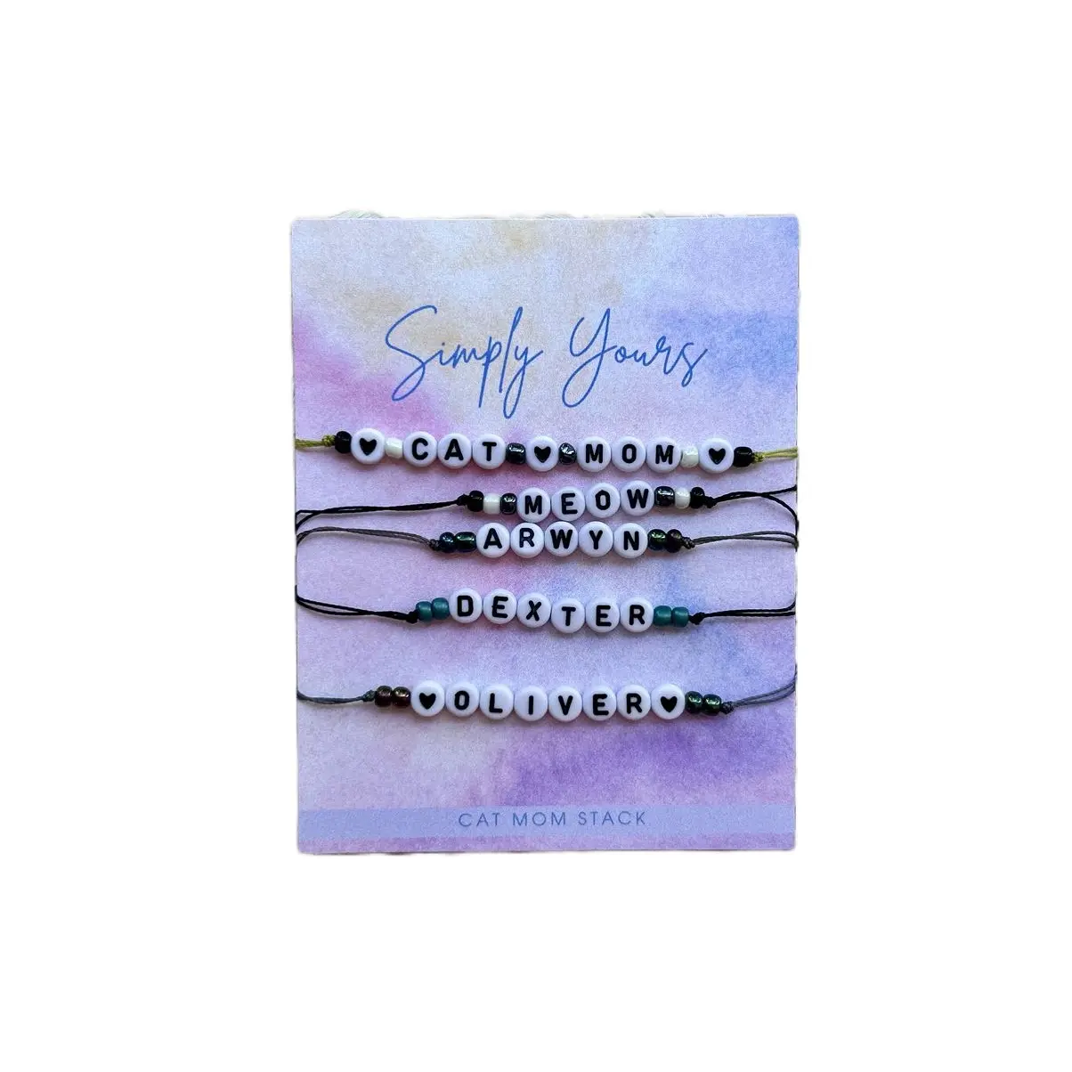 Cat Mom or Parent Adjustable and Customizable Beaded Friendship Bracelet Stack