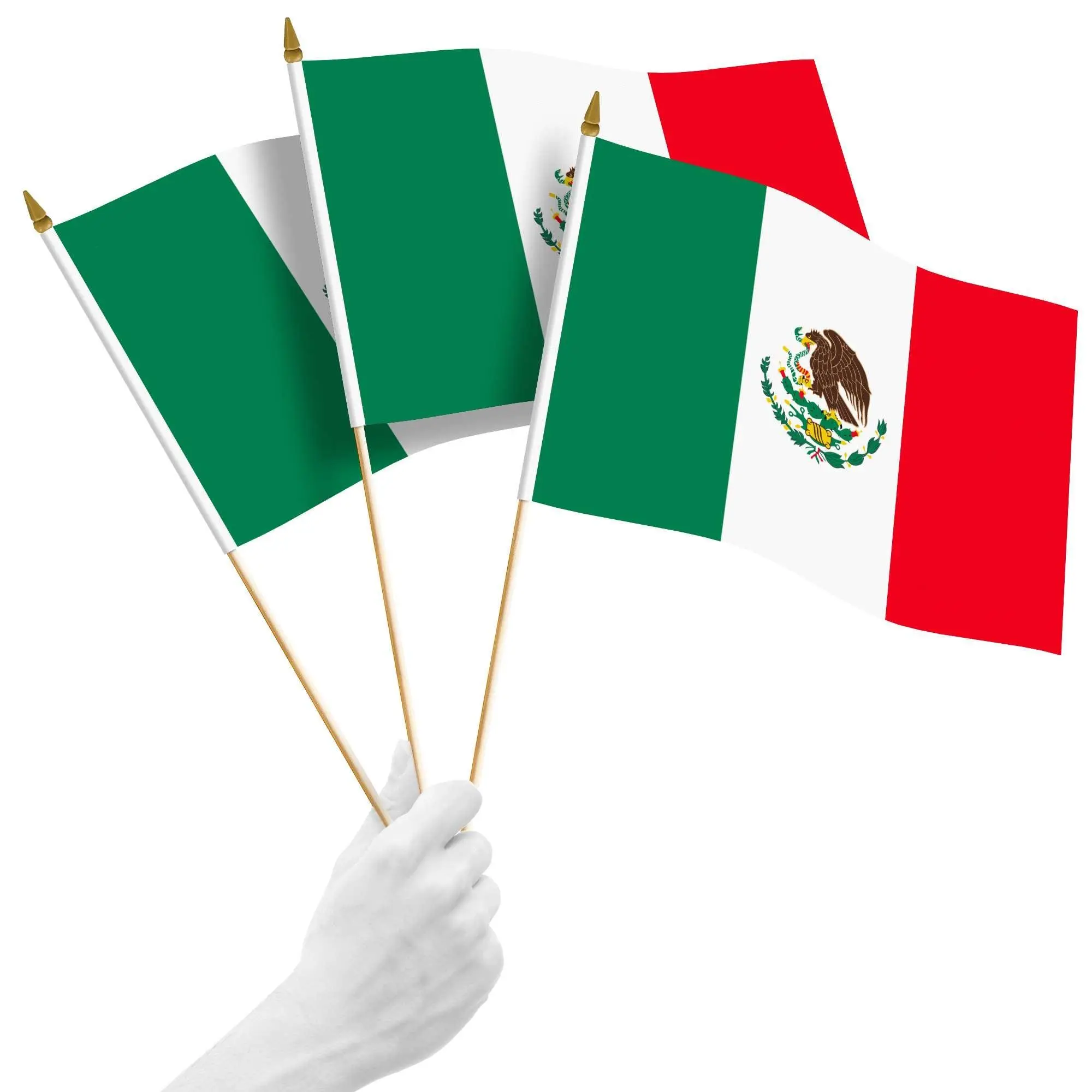 G128 10 Pack Handheld Mexico Mexican Stick Flags | 12x18 In | Printed 150D Polyester, Country Flag, Solid Plastic Stick, Spear White Tip