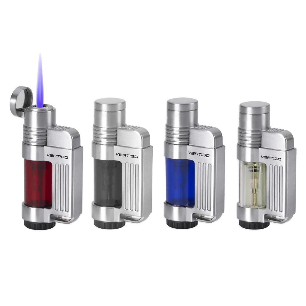 Vertigo Jolt Single Flame Torch Lighter Wind Resistant Clear Fuel Tank Extra Large Flame Adjuster Sturdy Metal Housing Compact Pocket Size