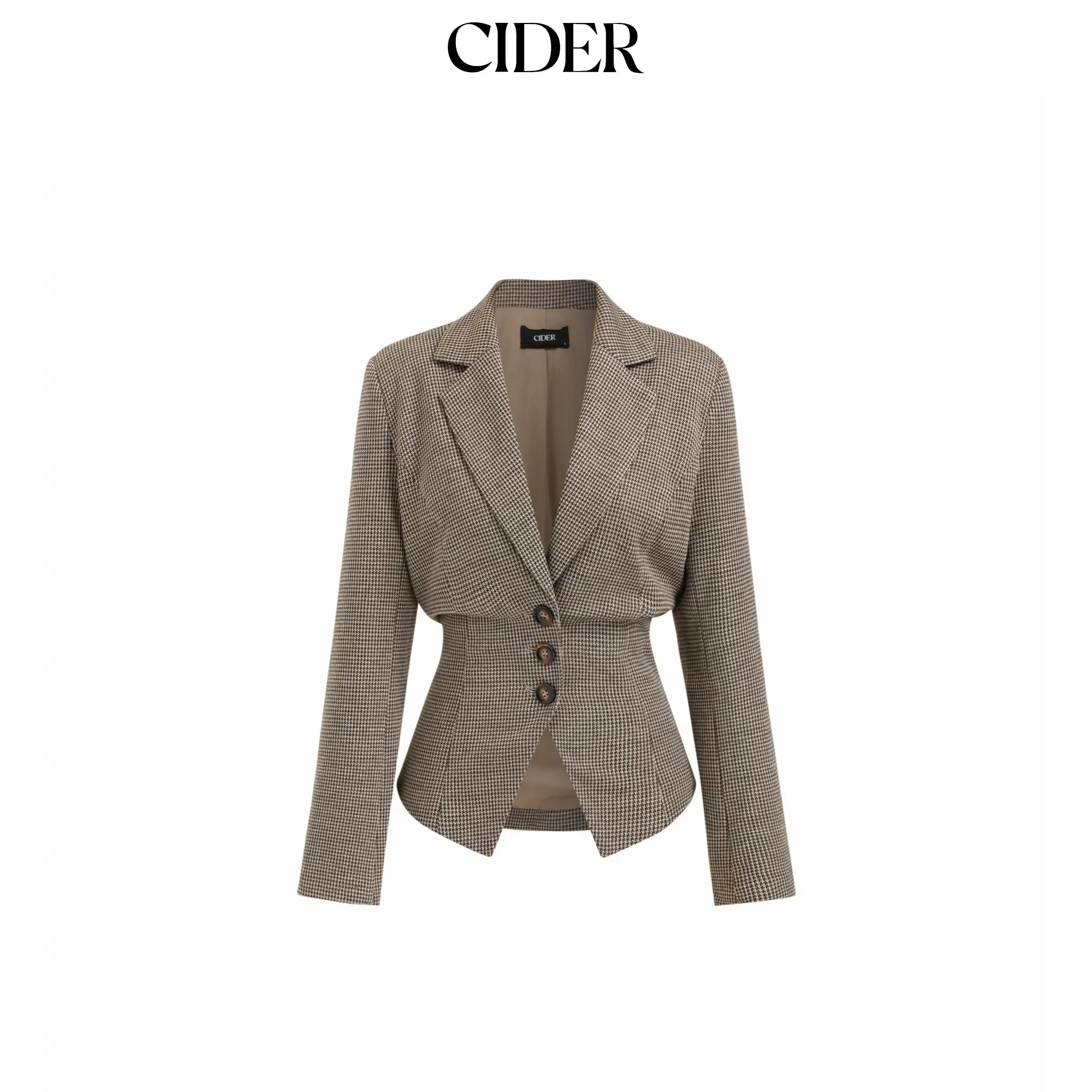 Cider Collar Houndstooth Lace Up Cinched Waist Button Blazer