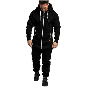 Men’s New Foreign Trade Hooded Fleece Jumpsuit, Solid Color, Color‑Matching, Casual Men’s Suit Jumpsuit
