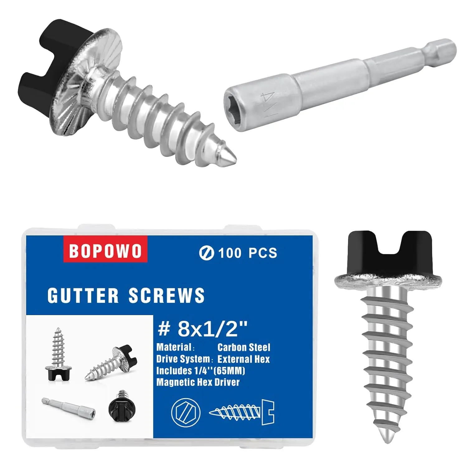 Self-Tapping Gutter Screws Black Painted Slotted Hex Washer Head #8 x 1/2" Zinc Plated Finish, Includes 1/4" Magnetic Hex Driver – for Gutter Install - 100 Pieces